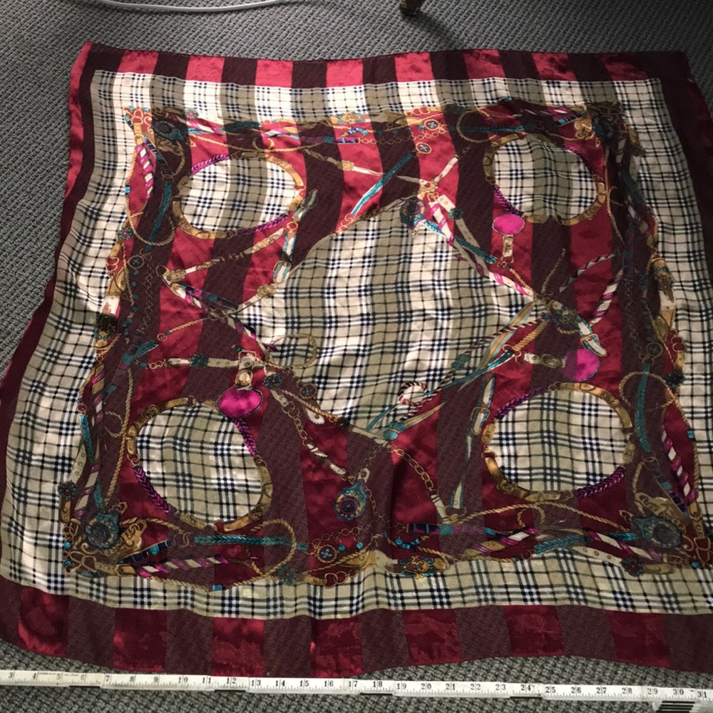 Silk-Feel Square Scarf in Burgundy,‎ Cream, Black Plaid